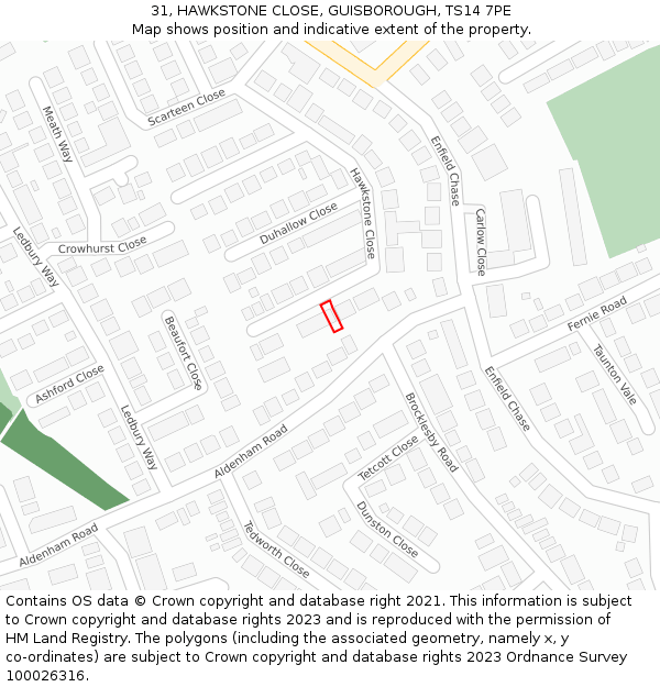 31, HAWKSTONE CLOSE, GUISBOROUGH, TS14 7PE: Location map and indicative extent of plot