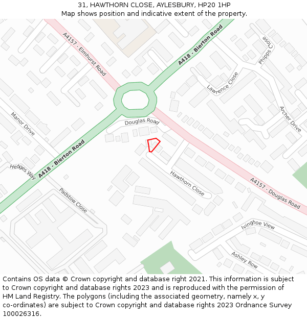 31, HAWTHORN CLOSE, AYLESBURY, HP20 1HP: Location map and indicative extent of plot
