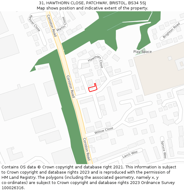 31, HAWTHORN CLOSE, PATCHWAY, BRISTOL, BS34 5SJ: Location map and indicative extent of plot