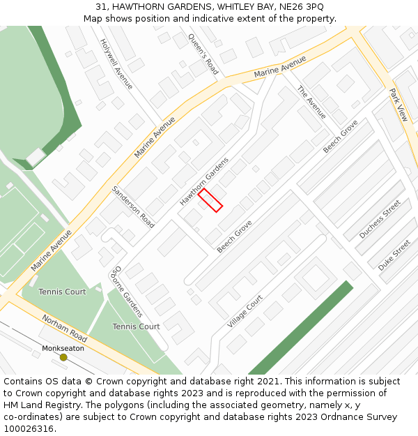 31, HAWTHORN GARDENS, WHITLEY BAY, NE26 3PQ: Location map and indicative extent of plot