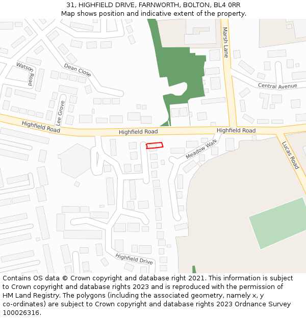 31, HIGHFIELD DRIVE, FARNWORTH, BOLTON, BL4 0RR: Location map and indicative extent of plot