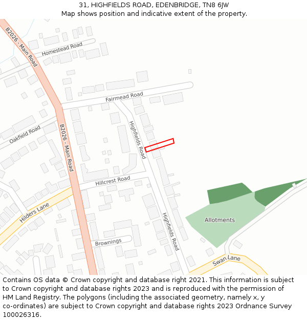 31, HIGHFIELDS ROAD, EDENBRIDGE, TN8 6JW: Location map and indicative extent of plot
