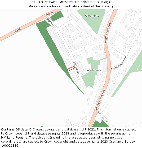 31, HIGHSTEADS, MEDOMSLEY, CONSETT, DH8 6QA: Location map and indicative extent of plot