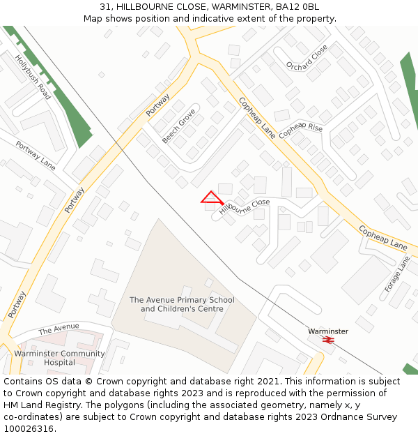 31, HILLBOURNE CLOSE, WARMINSTER, BA12 0BL: Location map and indicative extent of plot