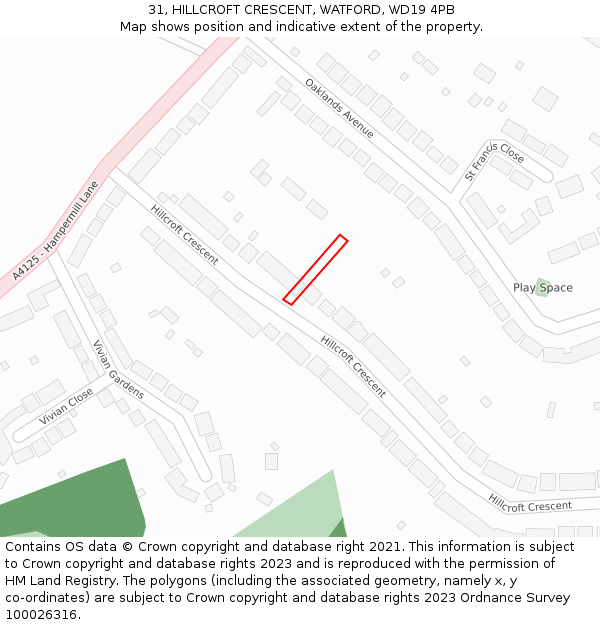 31, HILLCROFT CRESCENT, WATFORD, WD19 4PB: Location map and indicative extent of plot