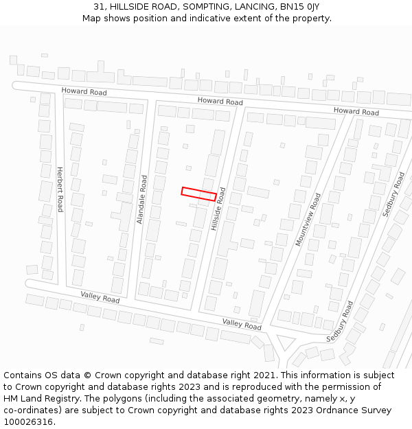 31, HILLSIDE ROAD, SOMPTING, LANCING, BN15 0JY: Location map and indicative extent of plot