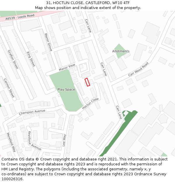 31, HOCTUN CLOSE, CASTLEFORD, WF10 4TF: Location map and indicative extent of plot