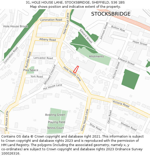 31, HOLE HOUSE LANE, STOCKSBRIDGE, SHEFFIELD, S36 1BS: Location map and indicative extent of plot