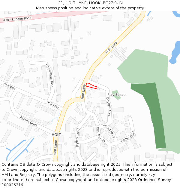 31, HOLT LANE, HOOK, RG27 9UN: Location map and indicative extent of plot
