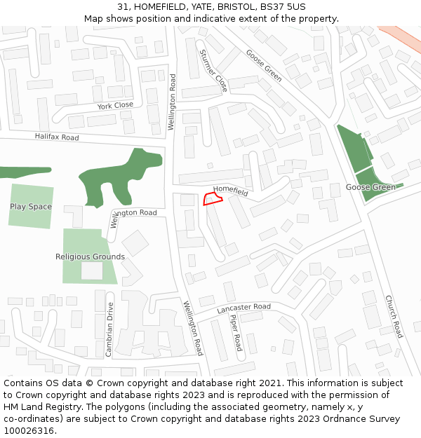 31, HOMEFIELD, YATE, BRISTOL, BS37 5US: Location map and indicative extent of plot