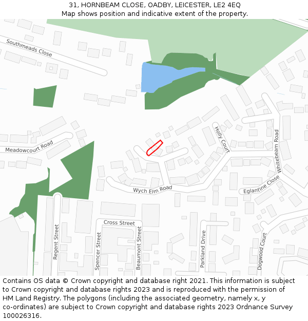 31, HORNBEAM CLOSE, OADBY, LEICESTER, LE2 4EQ: Location map and indicative extent of plot
