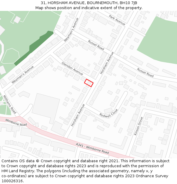 31, HORSHAM AVENUE, BOURNEMOUTH, BH10 7JB: Location map and indicative extent of plot