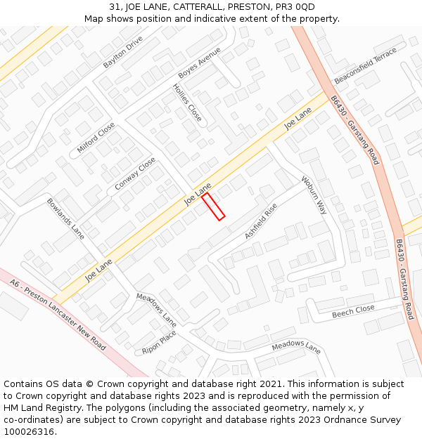 31, JOE LANE, CATTERALL, PRESTON, PR3 0QD: Location map and indicative extent of plot