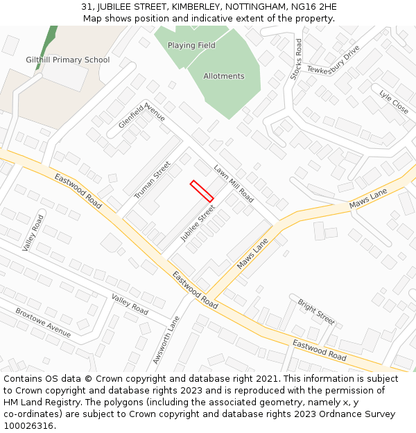 31, JUBILEE STREET, KIMBERLEY, NOTTINGHAM, NG16 2HE: Location map and indicative extent of plot