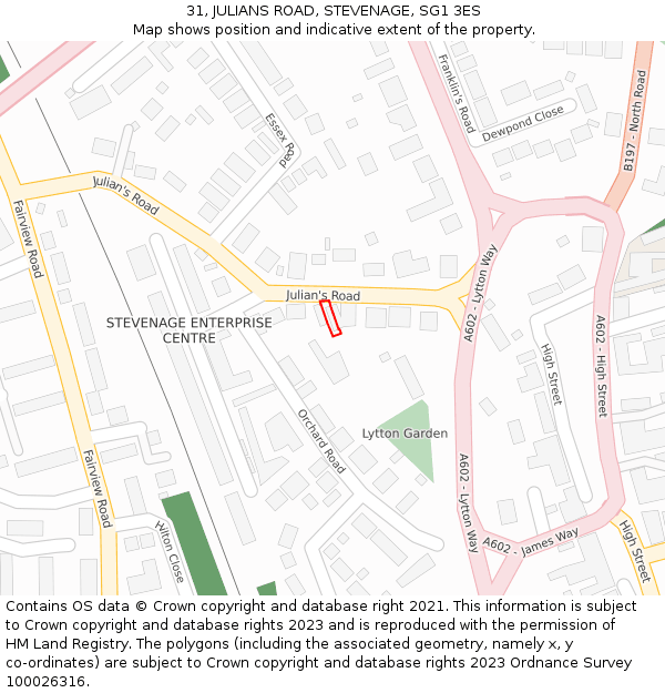 31, JULIANS ROAD, STEVENAGE, SG1 3ES: Location map and indicative extent of plot