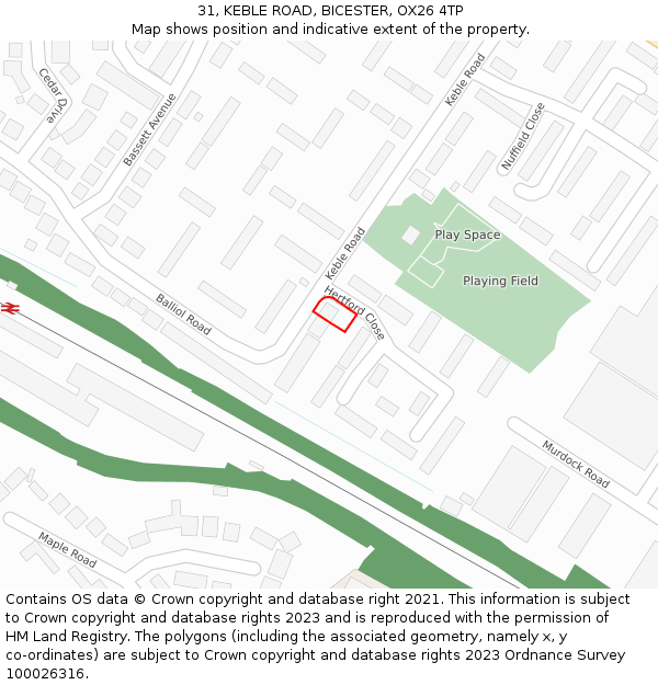 31, KEBLE ROAD, BICESTER, OX26 4TP: Location map and indicative extent of plot
