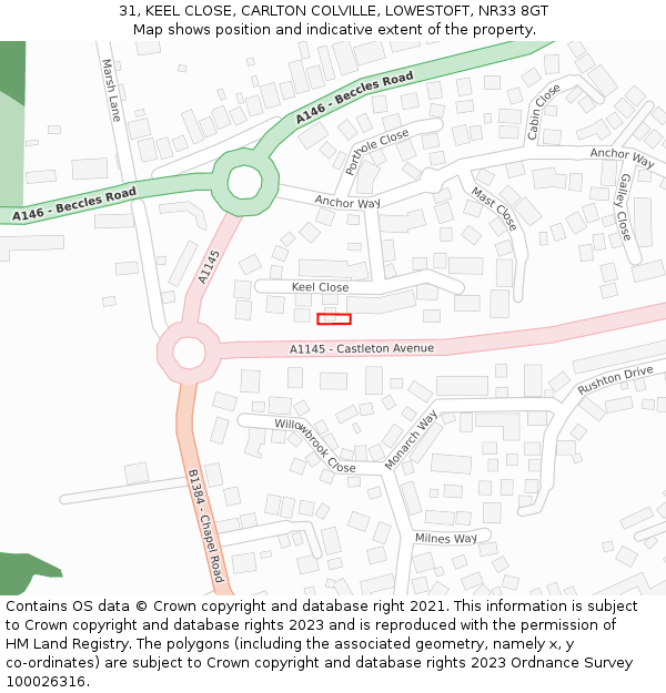 31, KEEL CLOSE, CARLTON COLVILLE, LOWESTOFT, NR33 8GT: Location map and indicative extent of plot