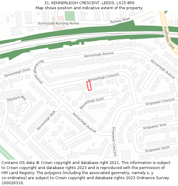31, KENNERLEIGH CRESCENT, LEEDS, LS15 8RS: Location map and indicative extent of plot