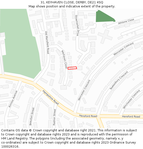 31, KEYHAVEN CLOSE, DERBY, DE21 4SQ: Location map and indicative extent of plot