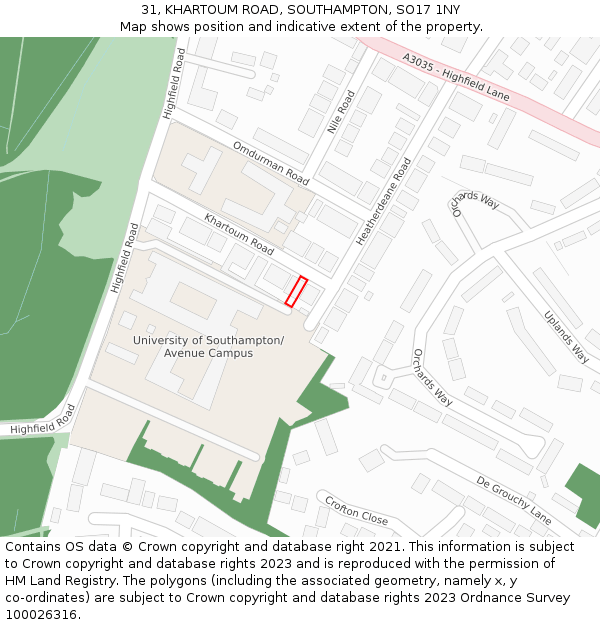 31, KHARTOUM ROAD, SOUTHAMPTON, SO17 1NY: Location map and indicative extent of plot
