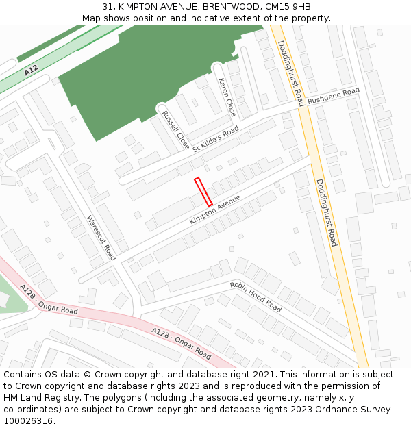 31, KIMPTON AVENUE, BRENTWOOD, CM15 9HB: Location map and indicative extent of plot