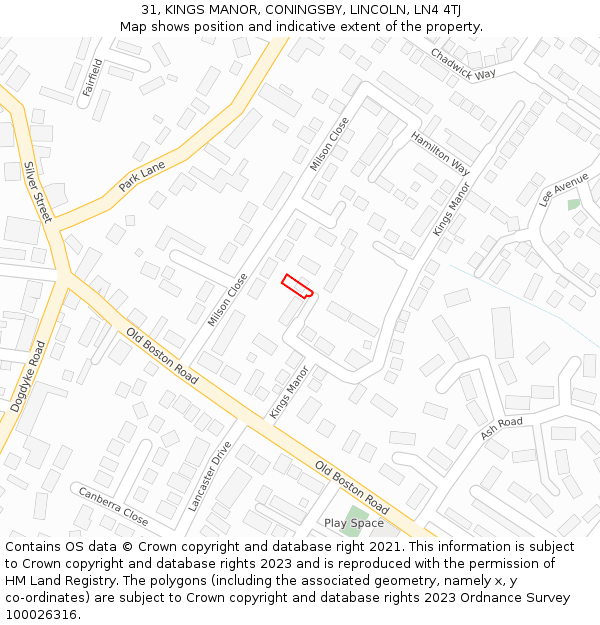 31, KINGS MANOR, CONINGSBY, LINCOLN, LN4 4TJ: Location map and indicative extent of plot