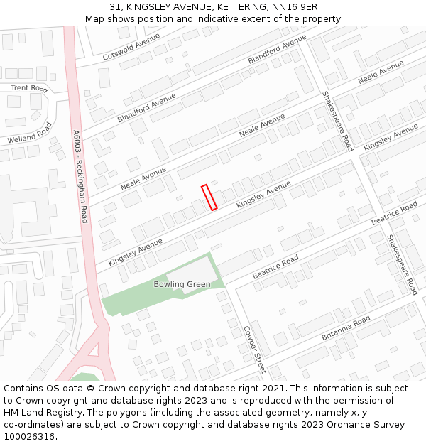 31, KINGSLEY AVENUE, KETTERING, NN16 9ER: Location map and indicative extent of plot