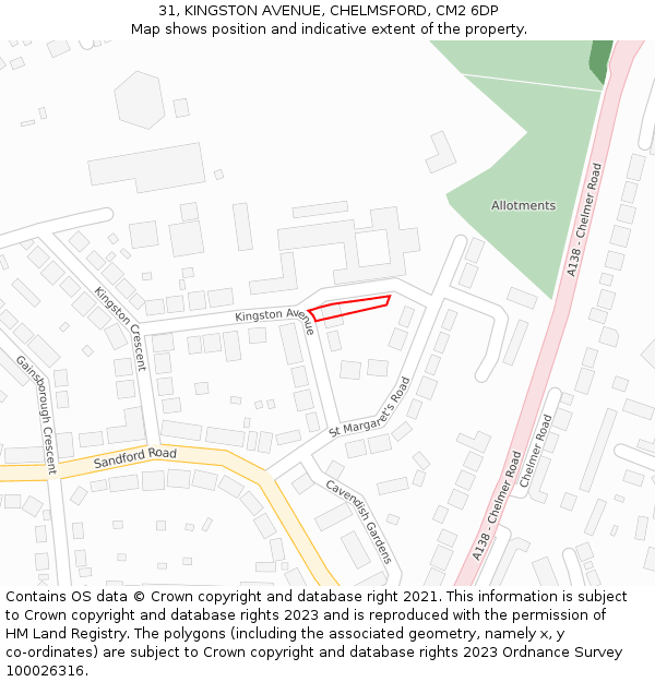 31, KINGSTON AVENUE, CHELMSFORD, CM2 6DP: Location map and indicative extent of plot