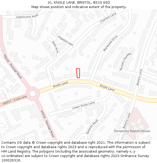31, KNOLE LANE, BRISTOL, BS10 6SD: Location map and indicative extent of plot