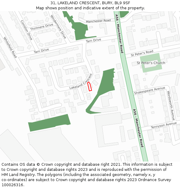 31, LAKELAND CRESCENT, BURY, BL9 9SF: Location map and indicative extent of plot