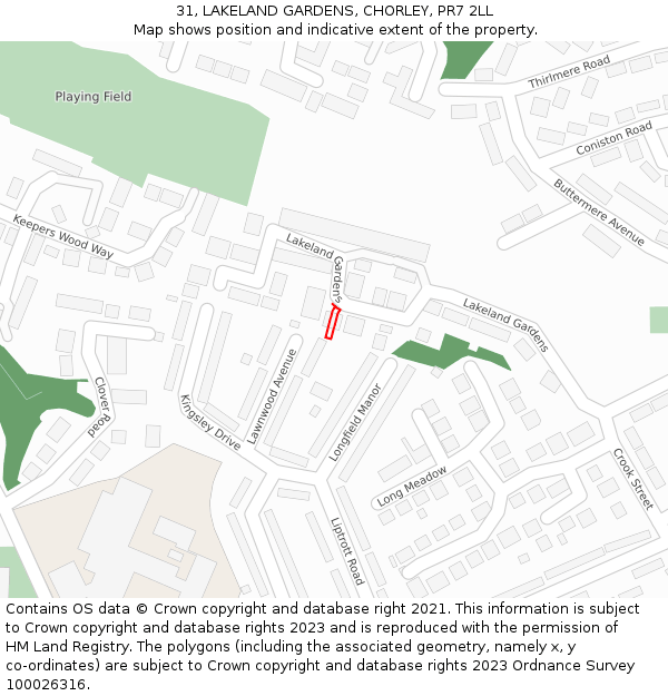 31, LAKELAND GARDENS, CHORLEY, PR7 2LL: Location map and indicative extent of plot
