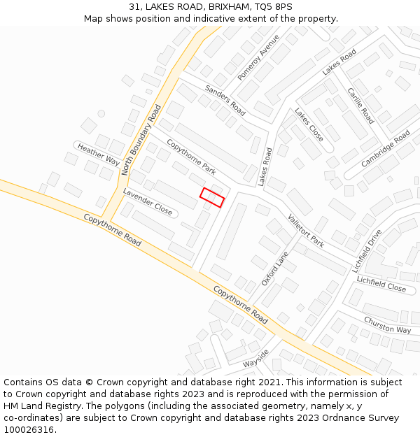 31, LAKES ROAD, BRIXHAM, TQ5 8PS: Location map and indicative extent of plot