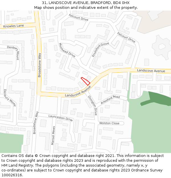 31, LANDSCOVE AVENUE, BRADFORD, BD4 0HX: Location map and indicative extent of plot