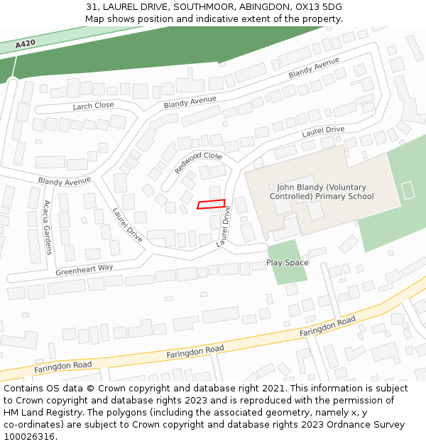 31, LAUREL DRIVE, SOUTHMOOR, ABINGDON, OX13 5DG: Location map and indicative extent of plot