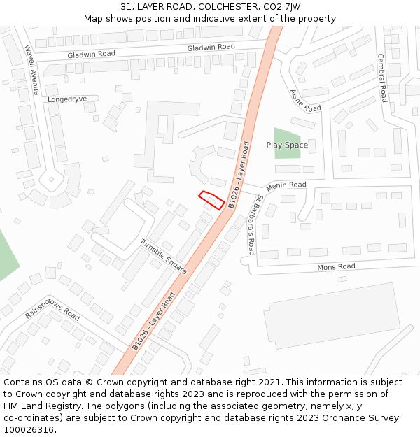 31, LAYER ROAD, COLCHESTER, CO2 7JW: Location map and indicative extent of plot