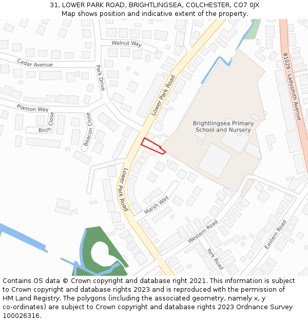 31, LOWER PARK ROAD, BRIGHTLINGSEA, COLCHESTER, CO7 0JX: Location map and indicative extent of plot
