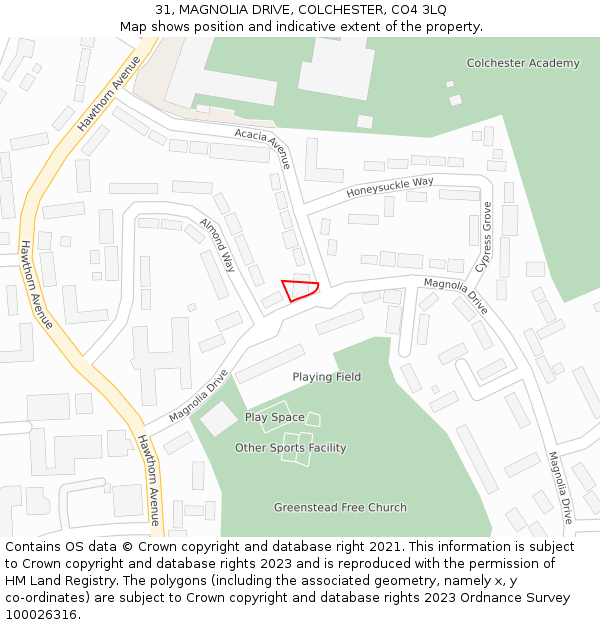 31, MAGNOLIA DRIVE, COLCHESTER, CO4 3LQ: Location map and indicative extent of plot