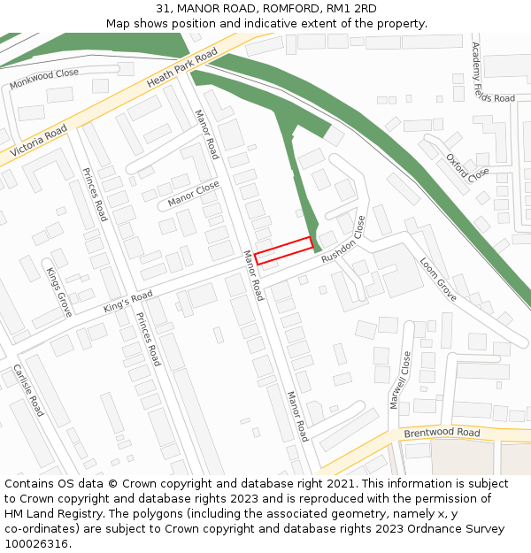 31, MANOR ROAD, ROMFORD, RM1 2RD: Location map and indicative extent of plot