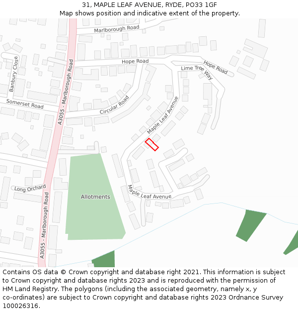 31, MAPLE LEAF AVENUE, RYDE, PO33 1GF: Location map and indicative extent of plot