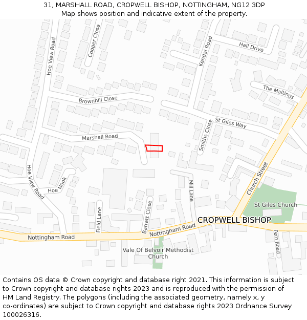 31, MARSHALL ROAD, CROPWELL BISHOP, NOTTINGHAM, NG12 3DP: Location map and indicative extent of plot