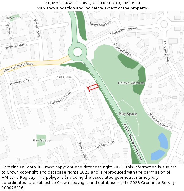 31, MARTINGALE DRIVE, CHELMSFORD, CM1 6FN: Location map and indicative extent of plot