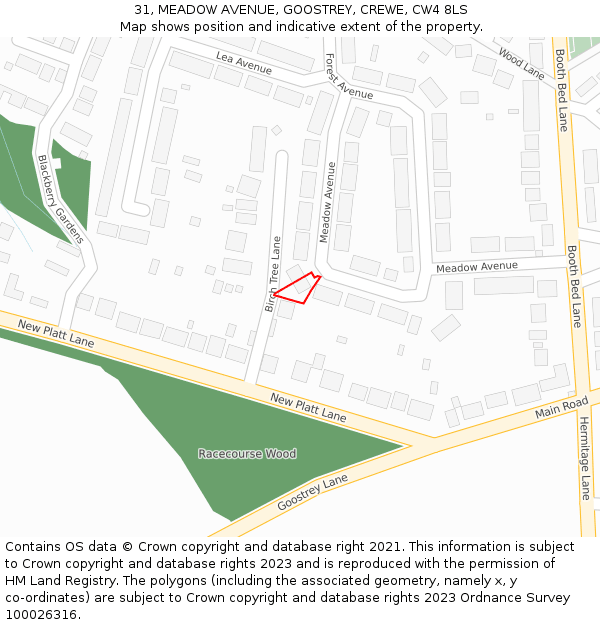 31, MEADOW AVENUE, GOOSTREY, CREWE, CW4 8LS: Location map and indicative extent of plot
