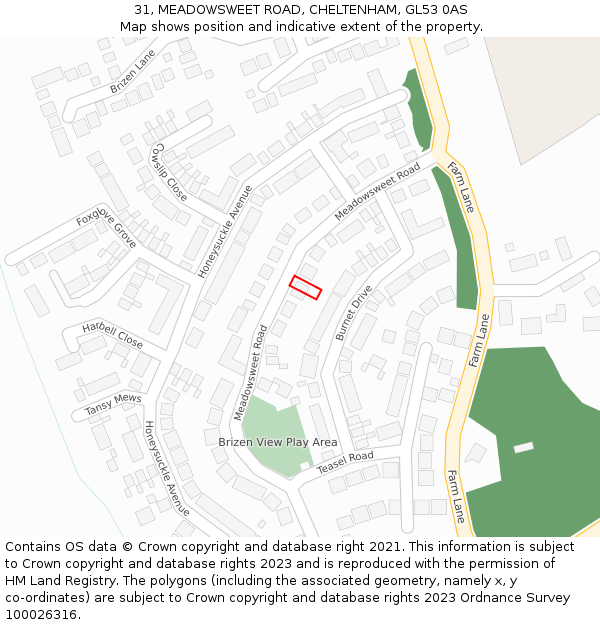 31, MEADOWSWEET ROAD, CHELTENHAM, GL53 0AS: Location map and indicative extent of plot
