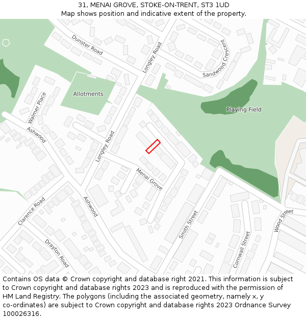 31, MENAI GROVE, STOKE-ON-TRENT, ST3 1UD: Location map and indicative extent of plot