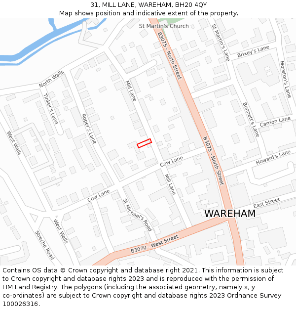 31, MILL LANE, WAREHAM, BH20 4QY: Location map and indicative extent of plot