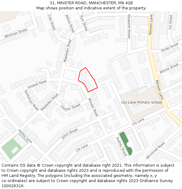 31, MINSTER ROAD, MANCHESTER, M9 4QE: Location map and indicative extent of plot