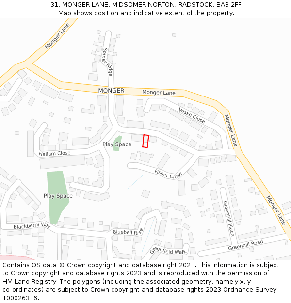 31, MONGER LANE, MIDSOMER NORTON, RADSTOCK, BA3 2FF: Location map and indicative extent of plot