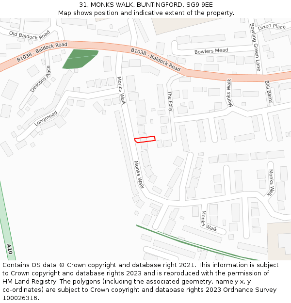 31, MONKS WALK, BUNTINGFORD, SG9 9EE: Location map and indicative extent of plot