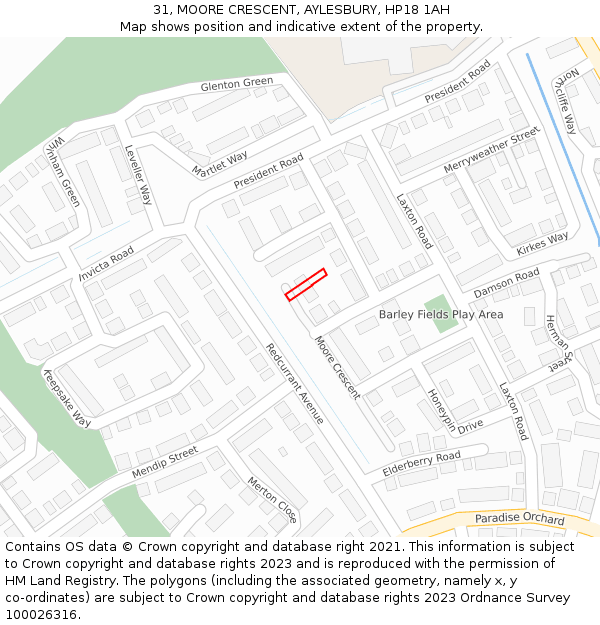 31, MOORE CRESCENT, AYLESBURY, HP18 1AH: Location map and indicative extent of plot