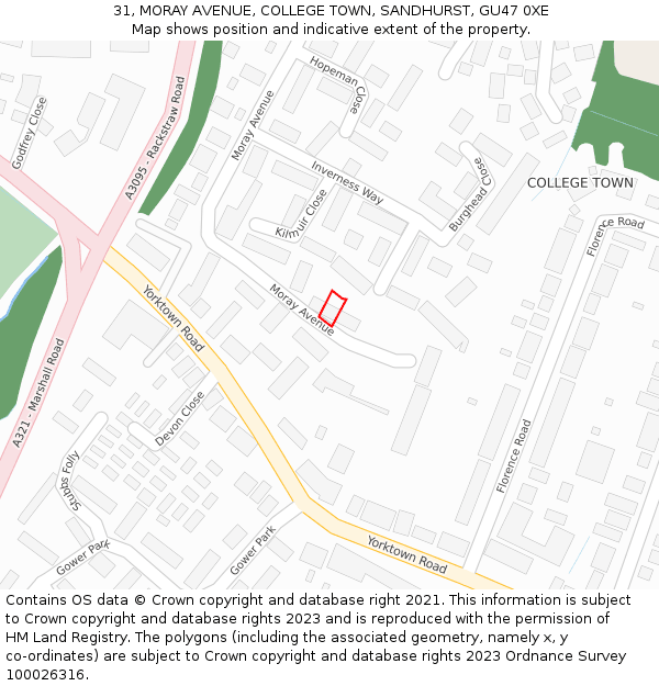 31, MORAY AVENUE, COLLEGE TOWN, SANDHURST, GU47 0XE: Location map and indicative extent of plot